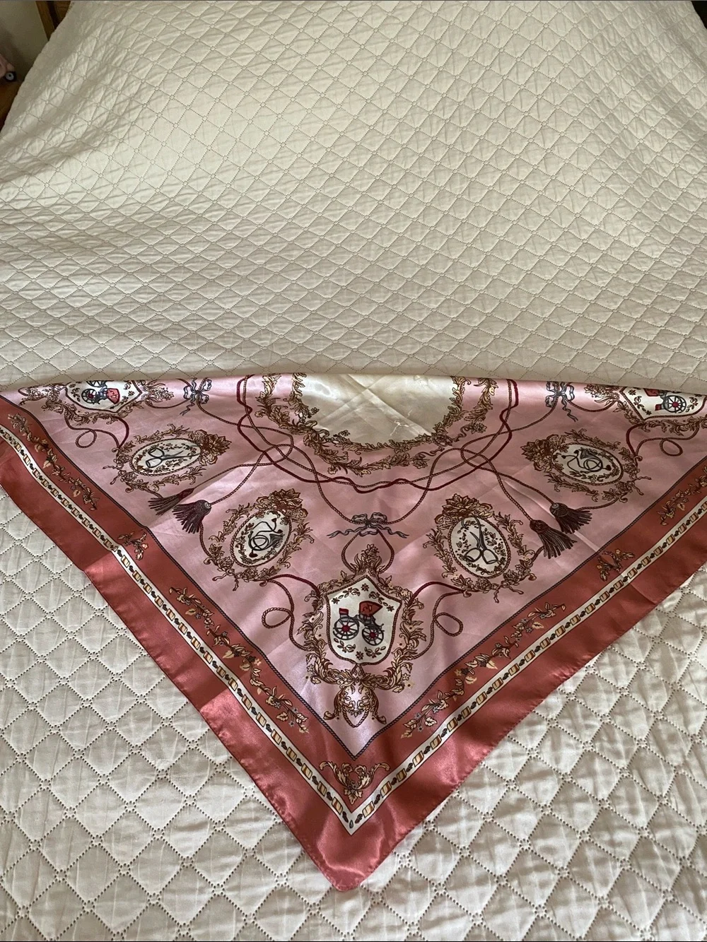 Rose Pink Satin Medallion Print Scarf Also Headband, Neck, Belt Wear